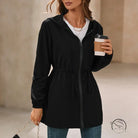 Black hooded drawstring outdoor raincoat for women mountaineering