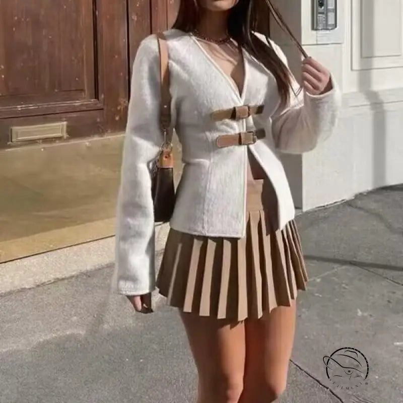 Elegant langry fashion white beige striped pleated skirt with metal buckle belt