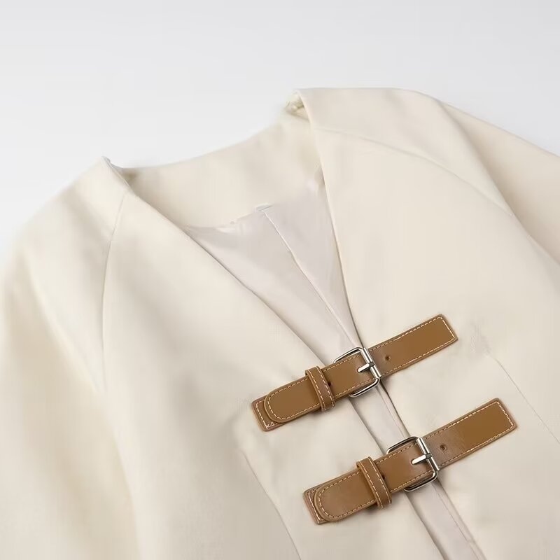 Elegant langry fashion cream leather cardigan coat with metal buckles