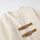 Elegant langry fashion cream leather cardigan coat with metal buckles