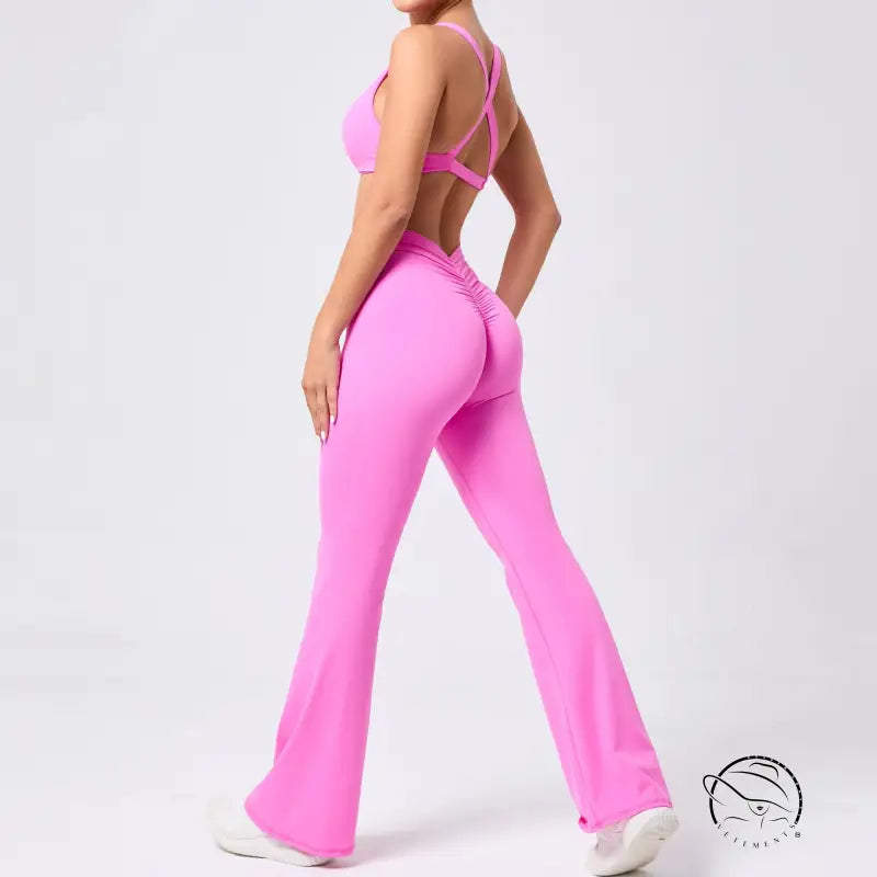 Peach tight brushed yoga clothes with neon pink flared high-waist pants
