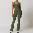 Olive green sleeveless fitted jumpsuit with flared legs for stylish yoga fashion ملابس