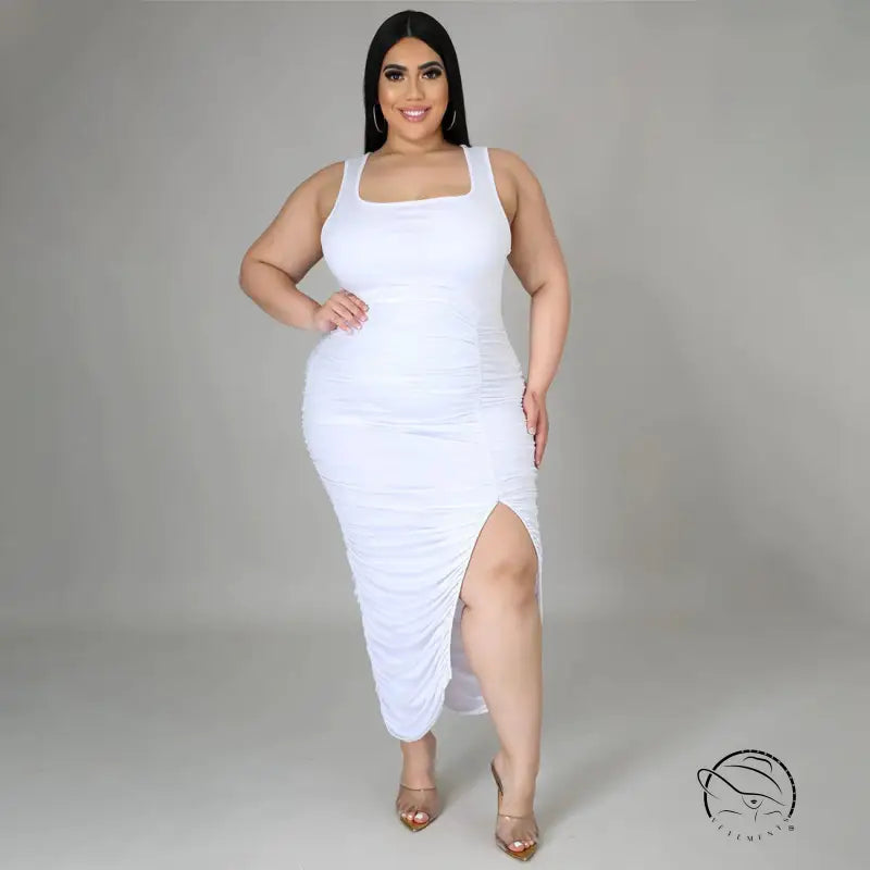 White sleeveless midi dress in slim fit fold design for summer