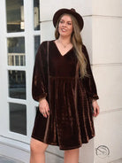 Brown velvet plus-size babydoll dress with long bishop sleeves and V-neck, loose slimming casual style