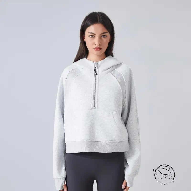 Gray hooded sweater in langry fashion, fleece-lined half-zip for women