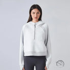 Gray hooded sweater in langry fashion, fleece-lined half-zip for women