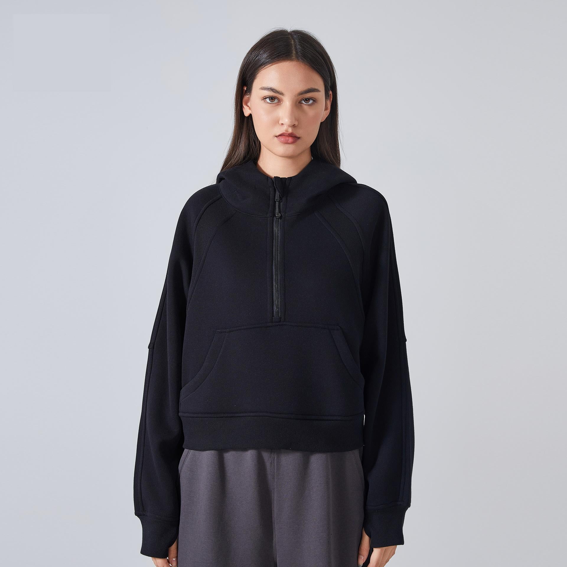 Black half-zip hooded sweatshirt for women, ideal for outdoor fitness and yoga fashion ملابس