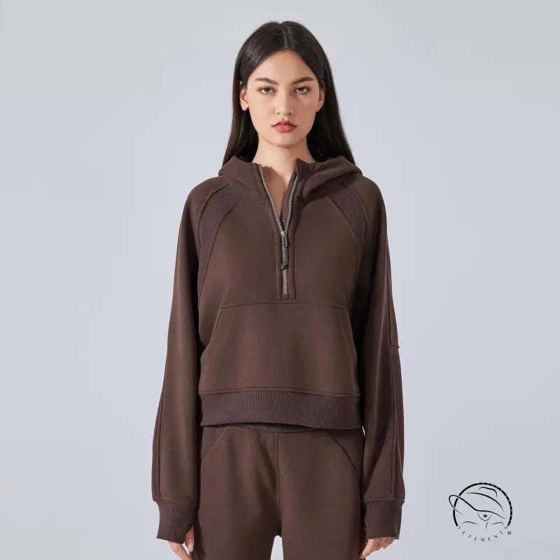 Brown hooded half-zip sweatshirt, warm fleece-lined yoga top for women