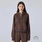 Brown hooded half-zip sweatshirt, warm fleece-lined yoga top for women