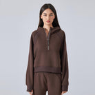 Brown Hooded Half-Zip Sweatshirt, perfect for Autumn Winter and outdoor fitness fashion