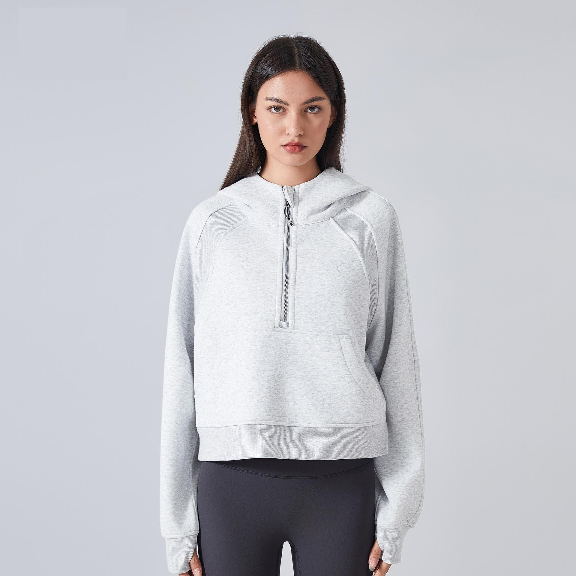 Gray half-zip hoodie from Langry for outdoor fitness and warm autumn winter fashion ملابس