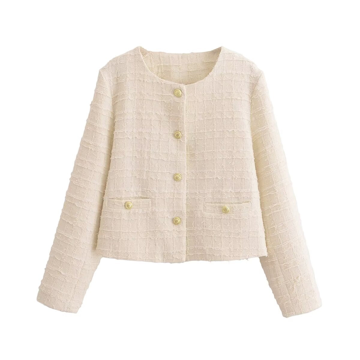 Langry fashion cream tweed woolen short coat with pearl buttons