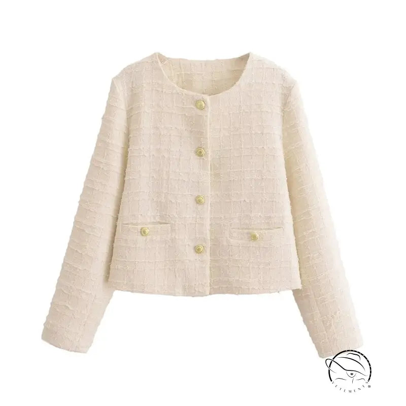 Langry fashion cream tweed woolen short coat with pearl buttons
