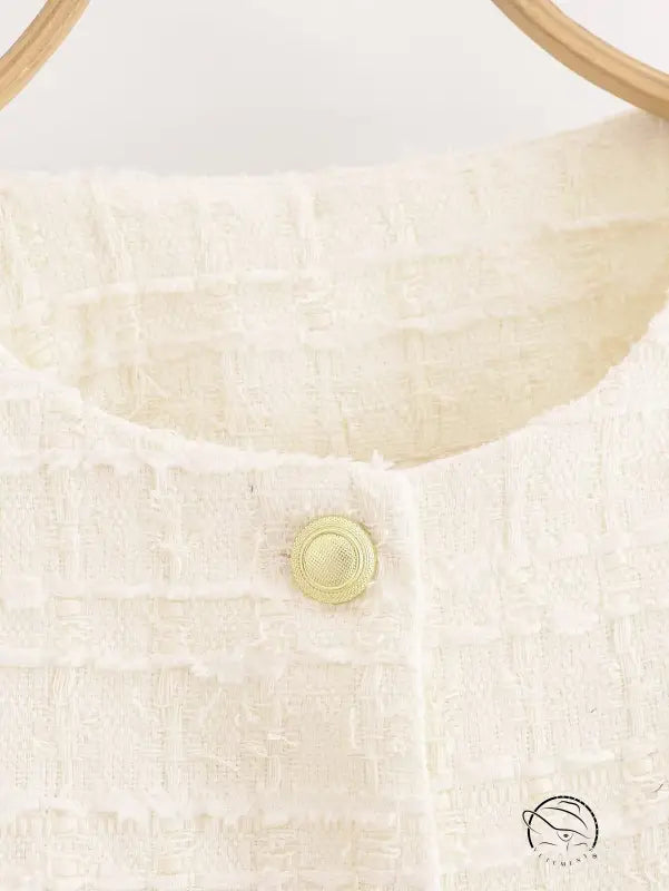 Cream tweed jacket with gold buttons and collar detail in Langry winter fashion coat