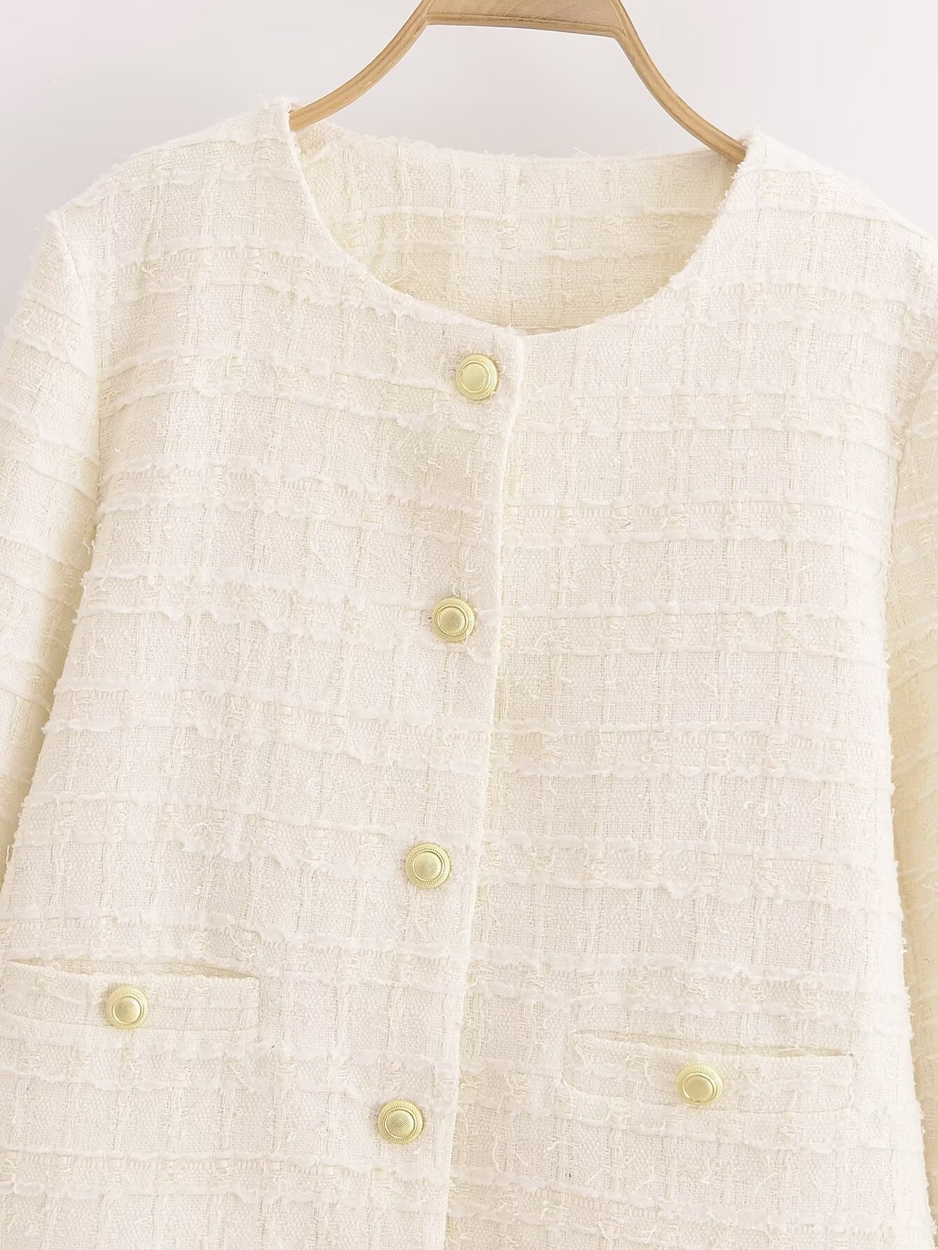 Langry white tweed double-breasted woolen short coat with gold buttons