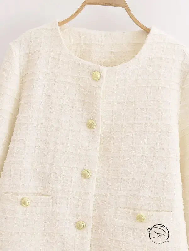 White langry tweed double-breasted wool coat with gold buttons