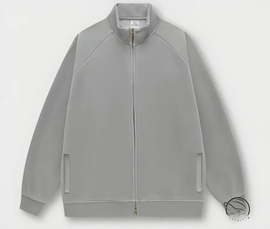 Light gray zip-up winter heavy retro jacket with ribbed collar and cuffs