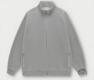 Light gray zip-up winter heavy retro jacket with ribbed collar and cuffs