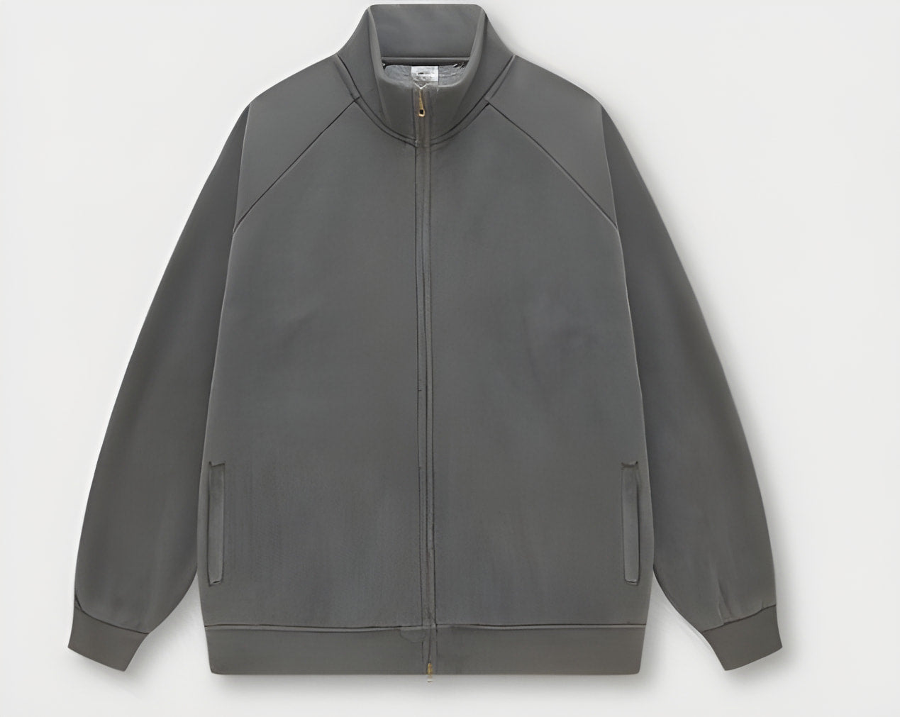 Gray zip-up track jacket with ribbed collar and cuffs for stylish winter fashion ملابس