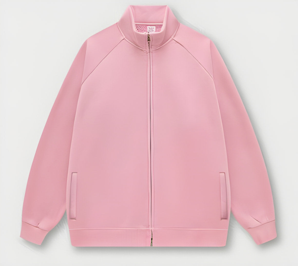 Pink zip-up track jacket with ribbed collar, part of Langry’s Winter Heavy Retro Jacket collection