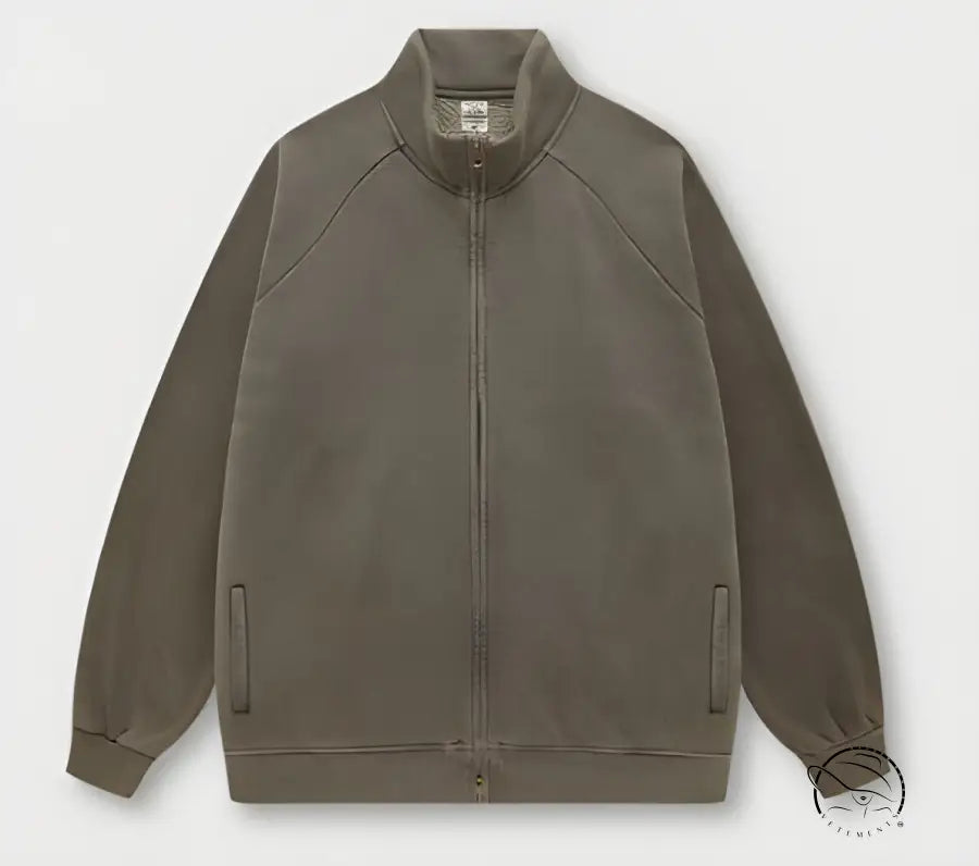 Olive green winter heavy retro jacket with full zipper and ribbed collar