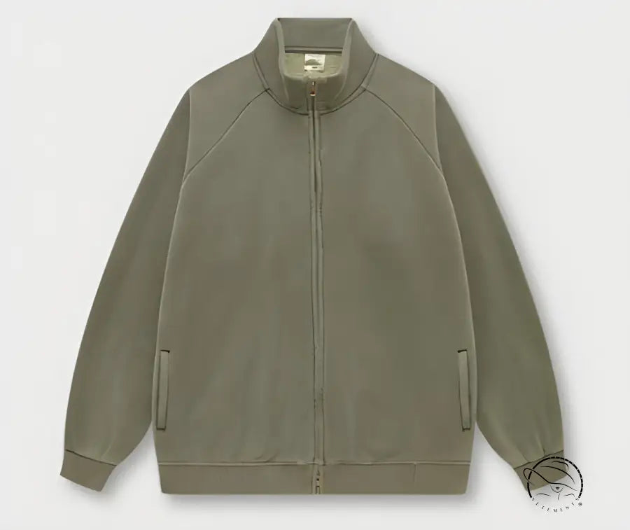 Olive green winter heavy retro jacket with zip-up, ribbed collar and cuffs