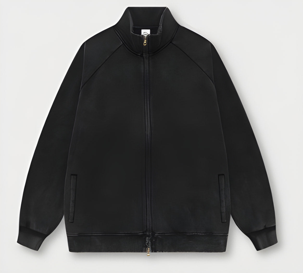 Black zip-up Winter Heavy Retro Jacket with ribbed cuffs, ideal for winter fashion ملابس