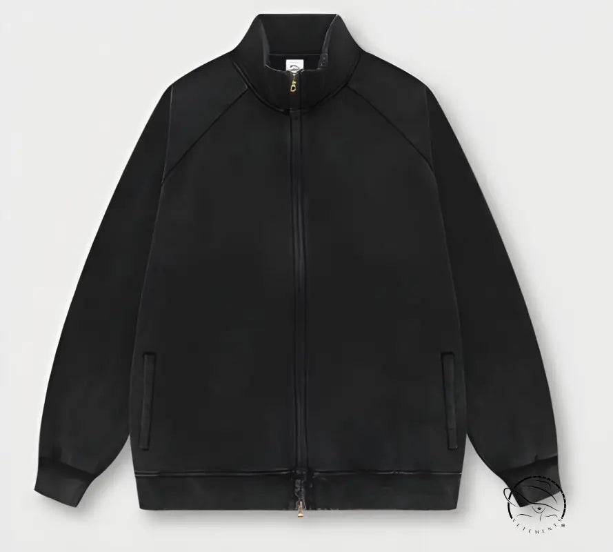 Black winter heavy retro jacket with zip-up design and ribbed cuffs