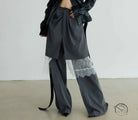 Gray pleated wide-leg casual pants suit with white lace trim