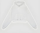 White cropped zip-up hoodie with kangaroo pocket, perfect for winter fashion by Langry