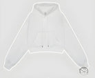 White cropped zip-up langry fashion hoodie with kangaroo pocket