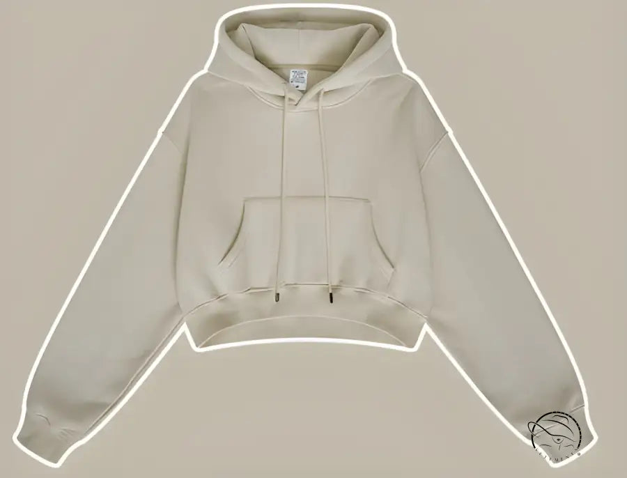 Beige cropped langry fashion zip-up hoodie with front pocket