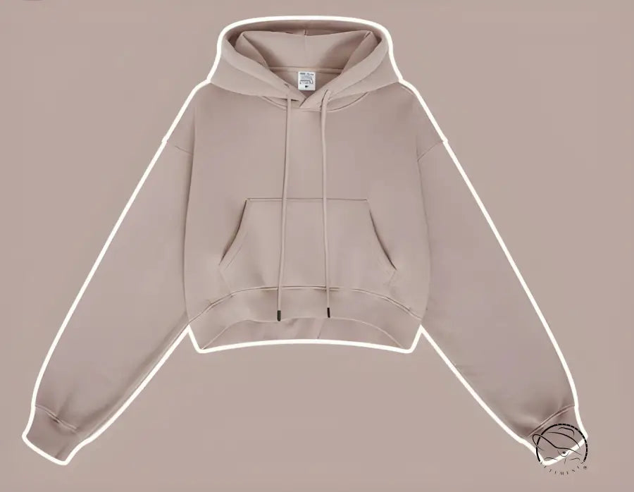 Beige cropped zip-up langry hoodie with pocket and drawstrings