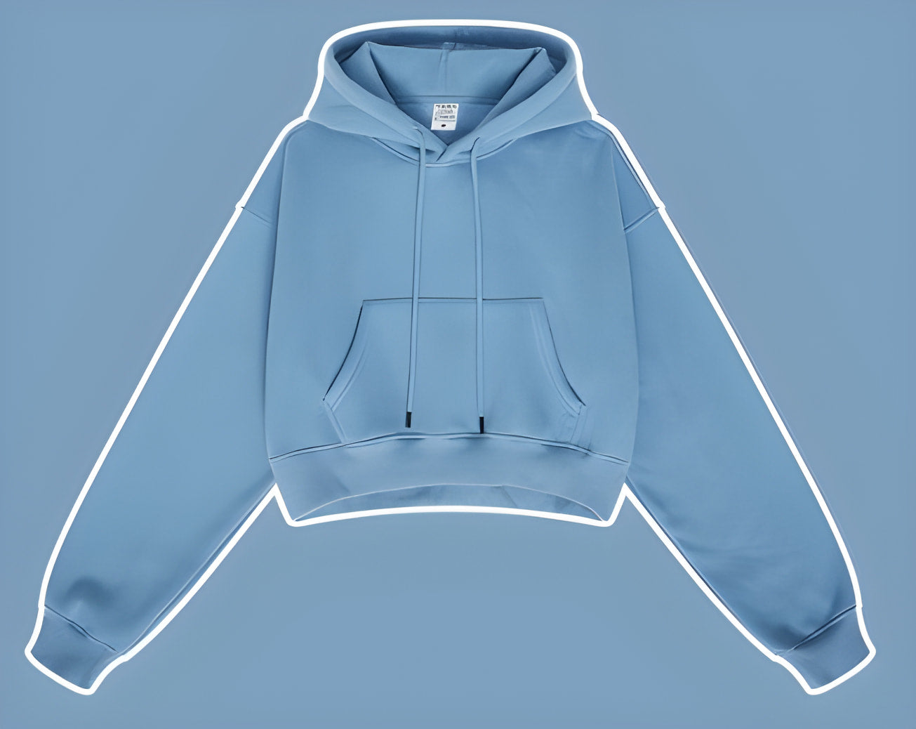 Light blue cropped hoodie sweatshirt with pocket and drawstrings, stylish fashion ملابس