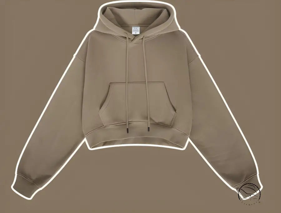 Beige cropped langry fashion hoodie sweatshirt with pocket and drawstrings
