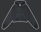 Langry black cropped hoodie sweatshirt with white outline edges, winter retro fashion pullover