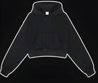 Langry black cropped zip-up hoodie with white piping, winter retro fashion pullover
