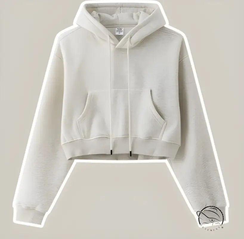 Langry winter retro hooded pullover: cropped beige cotton hoodie with front pocket and drawstring hood