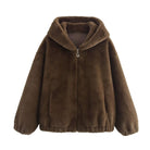 Brown faux fur hooded jacket in Winter Korean Loose Short Coat for stylish fashion ملابس