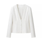 Elegant Langry white cropped blazer with deep V-neck and button closure, fashion ملابس