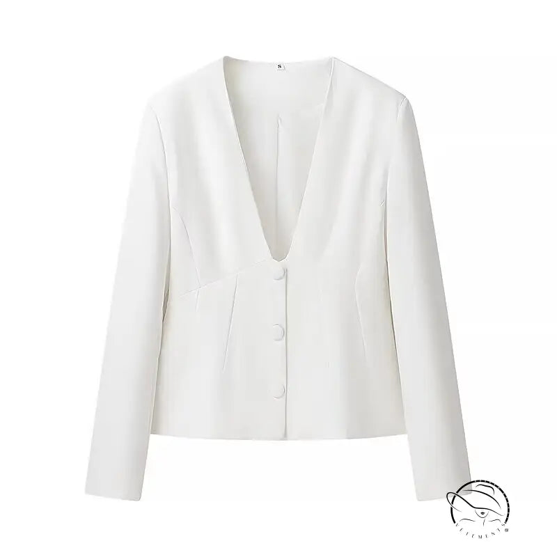 Elegant langry white cropped blazer with deep v-neck and button closure