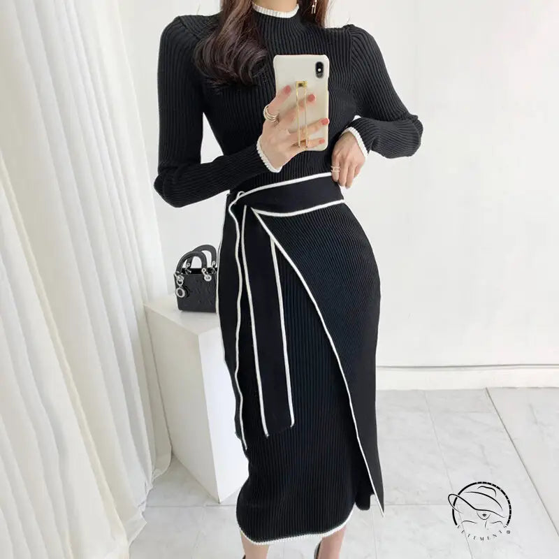 Langry fashion black ribbed knit dress with white trim, winter high neck slim mid length