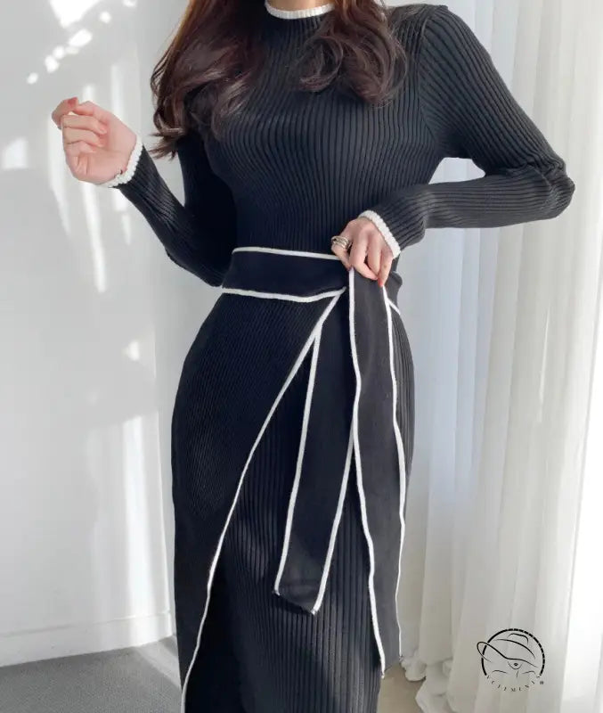 Langry fashion black ribbed knit dress with white trim, high neck slim mid length winter style