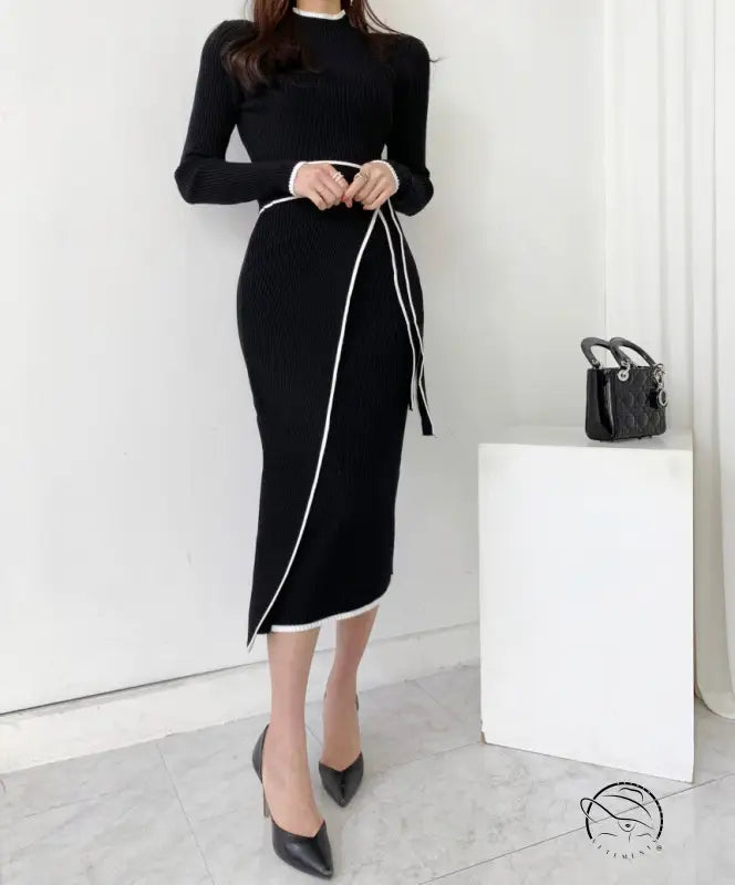 Langry fashion black knit dress with white trim, high neck slim mid-length winter style