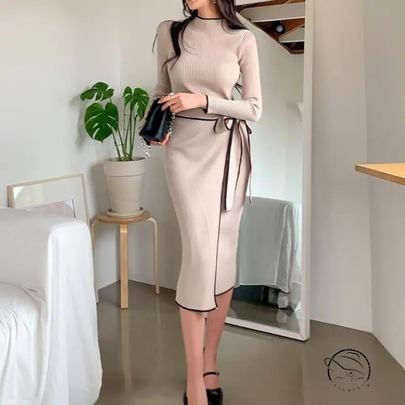 Langry fashion beige knit dress with black trim, high neck slim mid-length winter style