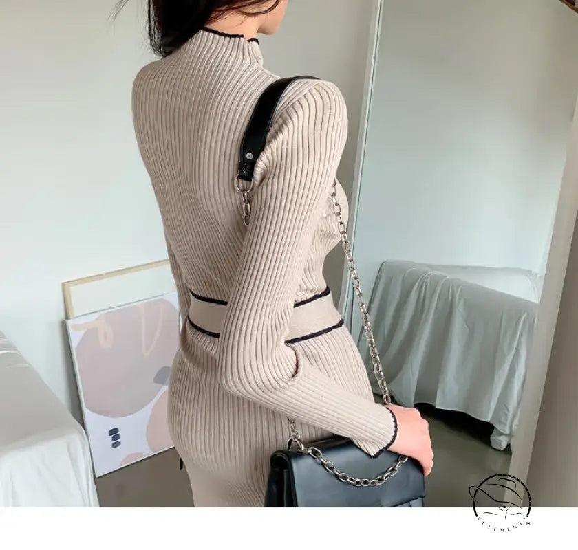 Winter high neck slim mid length ribbed knit dress in langry fashion with black trim