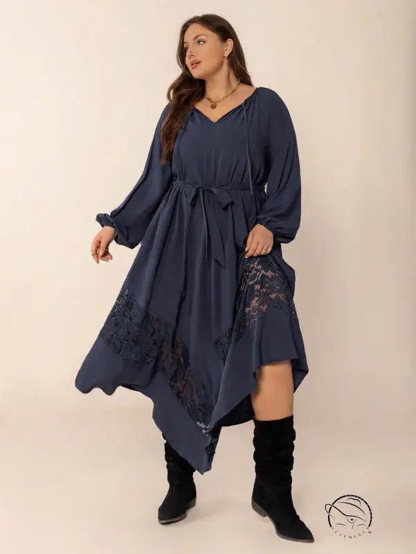 Winter cozy dress: plus-size navy blue midi with balloon sleeves and lace hem