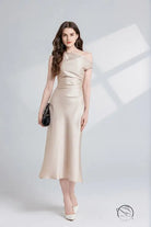 Elegant champagne silk one shoulder maxi dress in Langry fashion