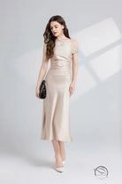 Elegant champagne-colored one shoulder maxi dress in Langry fashion