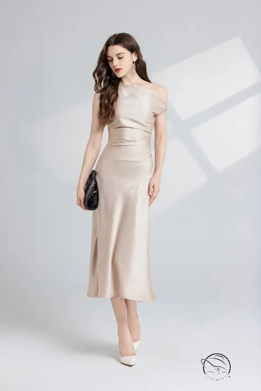 Elegant champagne-colored one shoulder maxi dress in Langry fashion